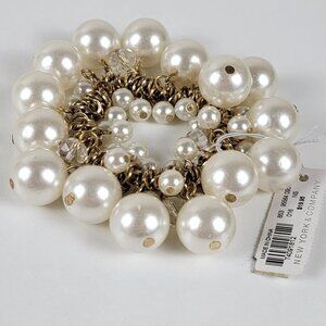 NY & Co. Gold-Tone White Faux Pearl Charm Stretch Bracelet Cha Cha 5.5 In Sizabl